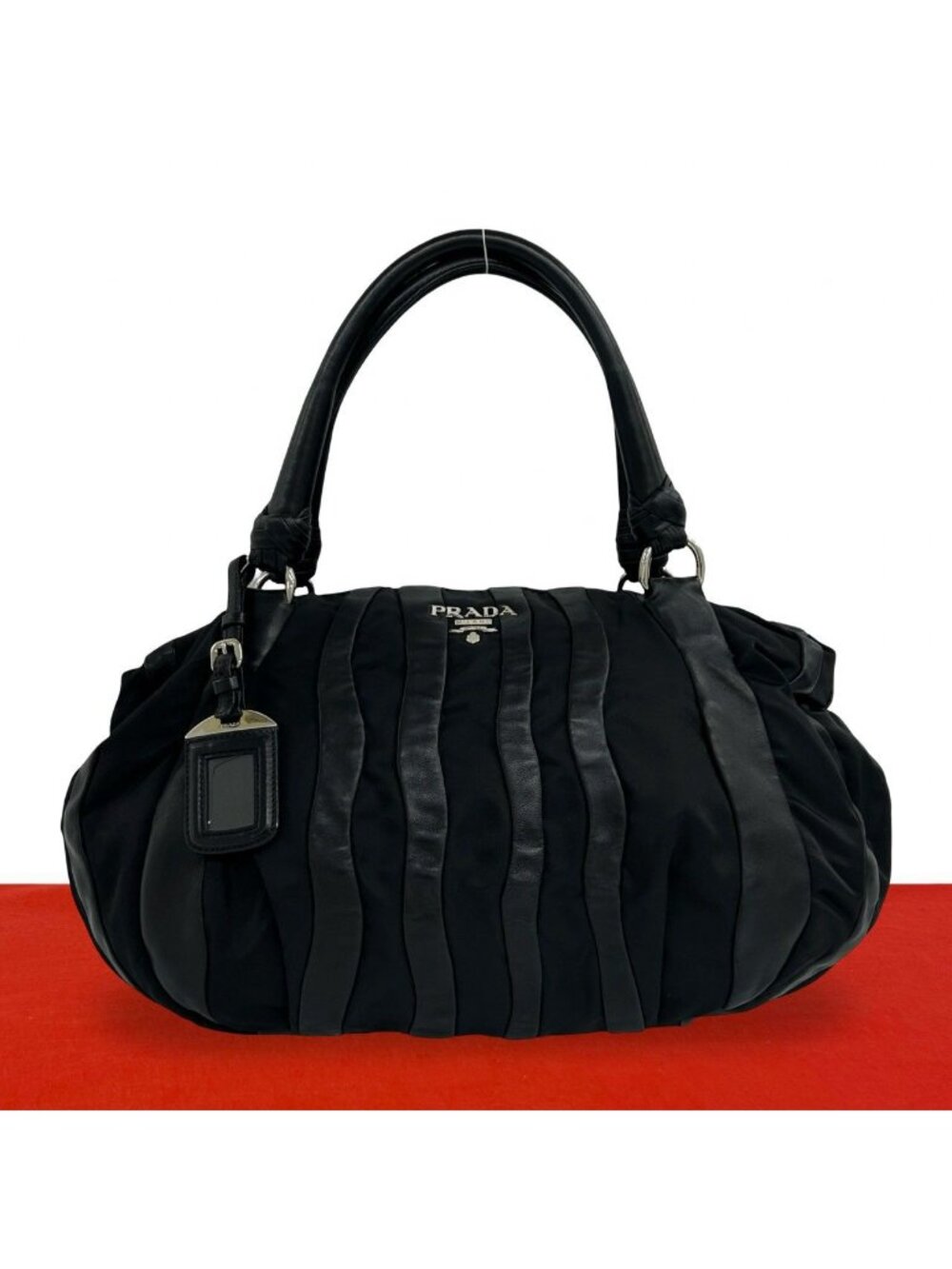 Prada Logo Tessuto Nylon Leather Tote Boston Bag Black